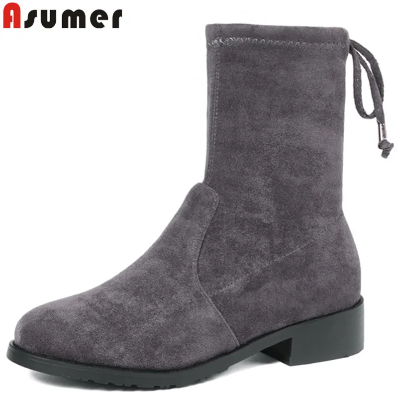 

ASUMER 2019 new ankle boots round toe cross tied flock low heels shoes woman comfortable ladies autumn winter boots