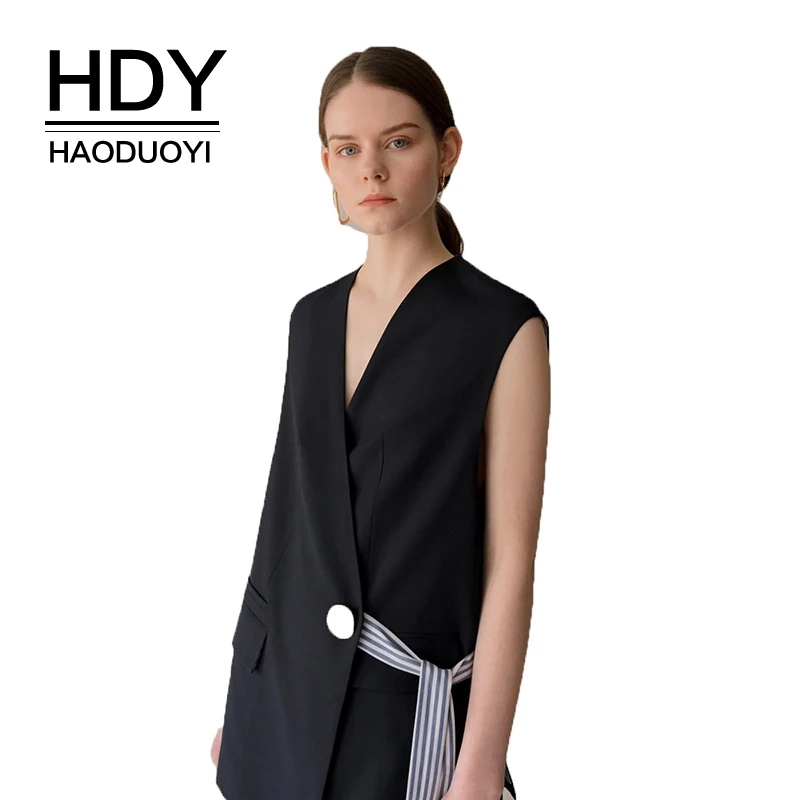 

HDY Haoduoyi Women Simple Black Sleeveless Wrap Tops Tnak With Waist Tie Casual Office Lady Deep V Neck Sleeveless Long Blazer