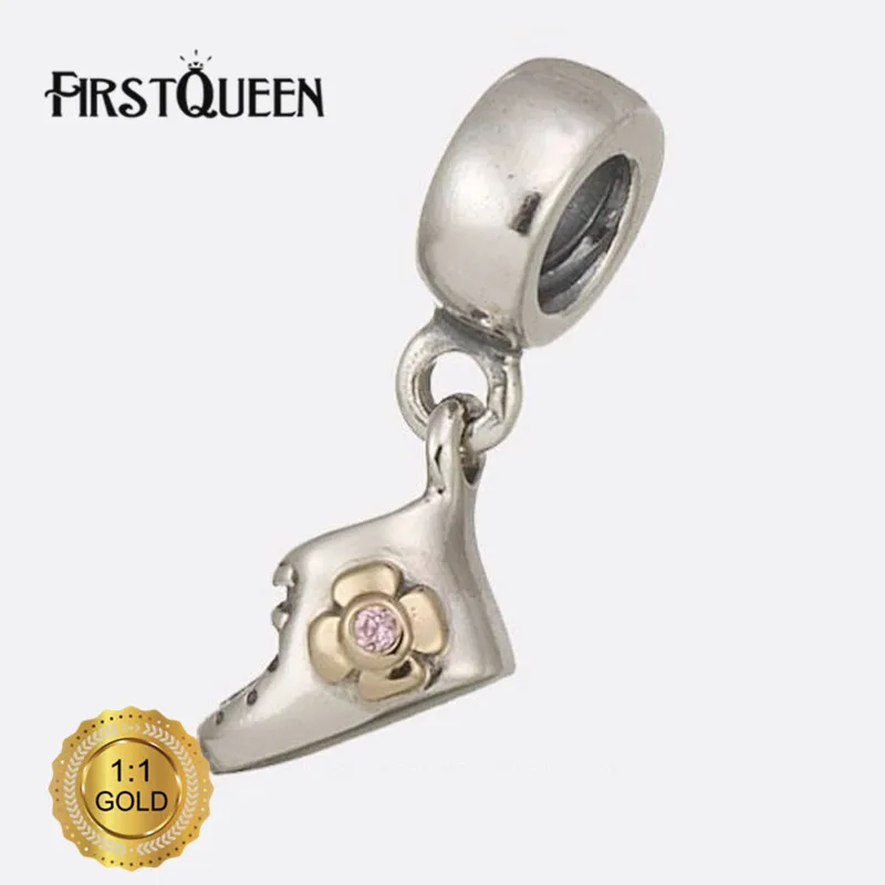 

FirstQueen 925 Sterling Silver&14k Real Gold Pink Baby Bootie Charm Fit Original European Bracelet Authentic Fine Jewelry