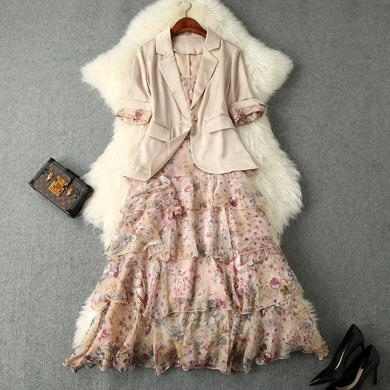 

Dress Suits 2019 Spring Summer Ladies New Single Button Elegant Blazer Jacket Top + Printed Slip Cake Dress Two Piece Set Female