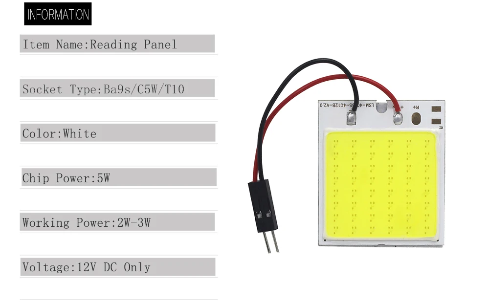 High Quality COB LED Panel Light Super White Car Reading Map Lamp Auto Dome Interior Bulb with T10 Adapter Festoon Base 12V DC