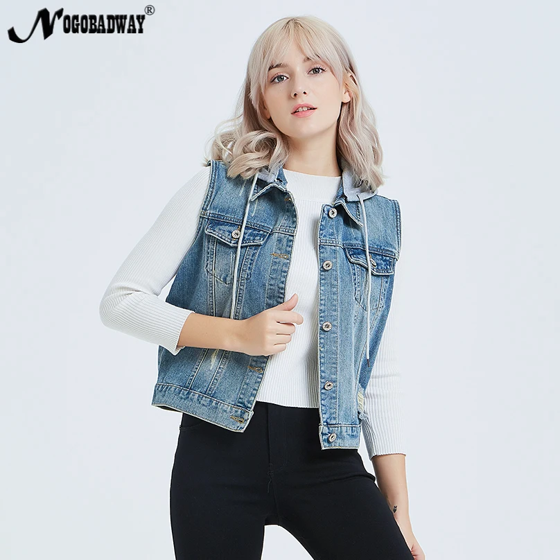 Removable Hooded denim vest women's jeans waistcoat casual sleeveless