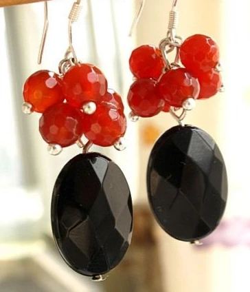 

LiiJi Unique Natural Faceted Black Onyx Red Agates Dangle Earring Silver Plated