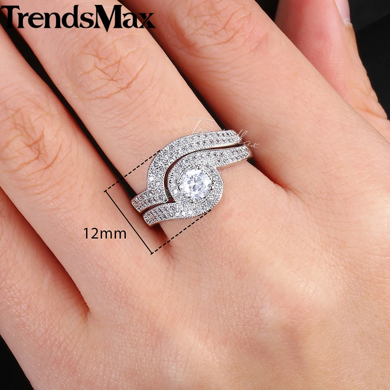Trendsmax Paved Cubic Zirconia CZ Wedding Band Ring Set For Women White Gold Filled Fashion Jewelry KGR46