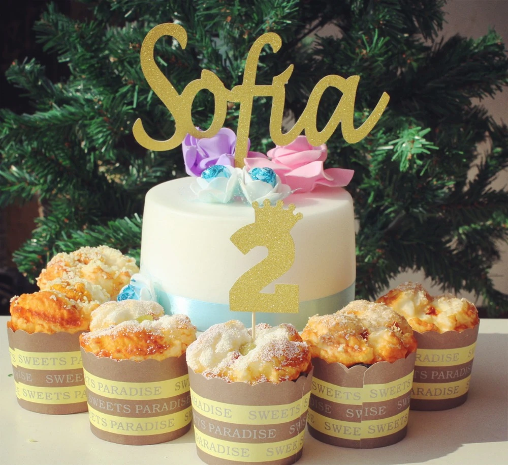 16ct Happy 2nd 2th Anniversaire Princesse Fete Couronne Cupcake Toppers Or Paillettes Papier Diademe Deux Nom Personnalise Gateau Topper Aliexpress