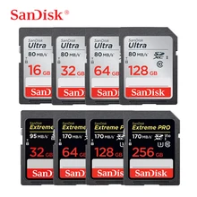 SanDisk SD карта 16 Гб оперативной памяти, 32 Гб встроенной памяти, 64 ГБ 128 ГБ 256 Гб карта памяти 80 МБ/с. U1 170 МБ/с. U3 V30 4 K для цифровой зеркальной камеры Canon Nikon SLR Камера съемки видео в формате 4 K