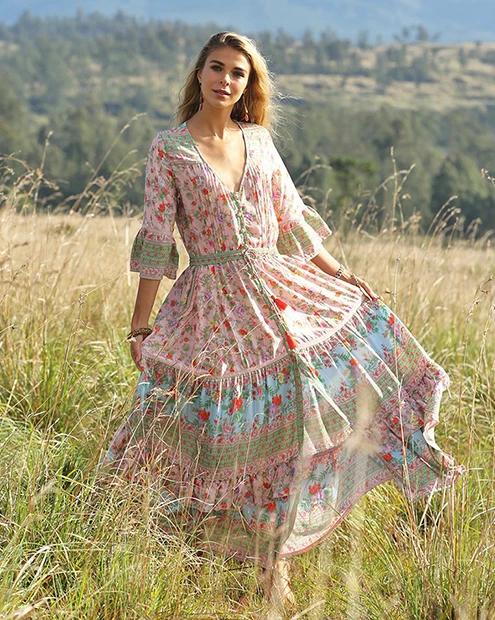Женское платье с цветочным принтом Everkaki Boho, v-образный вырез, регулируемый пояс, половина рукава, длинное платье в стиле бохо, женское платье, лето-осень