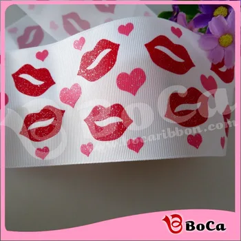 

Free shipping 3"75mm 100 yard white with glitter lips and heart grosgrain ribbon for Valentine's Day
