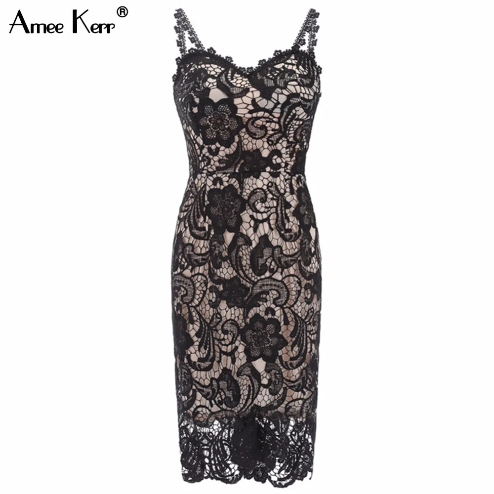

Amee Kerr Embroidery Lace V-neck Camis Knee-Length Womenn's Midi Dress