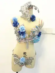 Мода певица DJ Sexy Глубокий v-образным вырезом перспективность Блёстки голубой цветок костюм комплект вечерние show Одежда для сцены