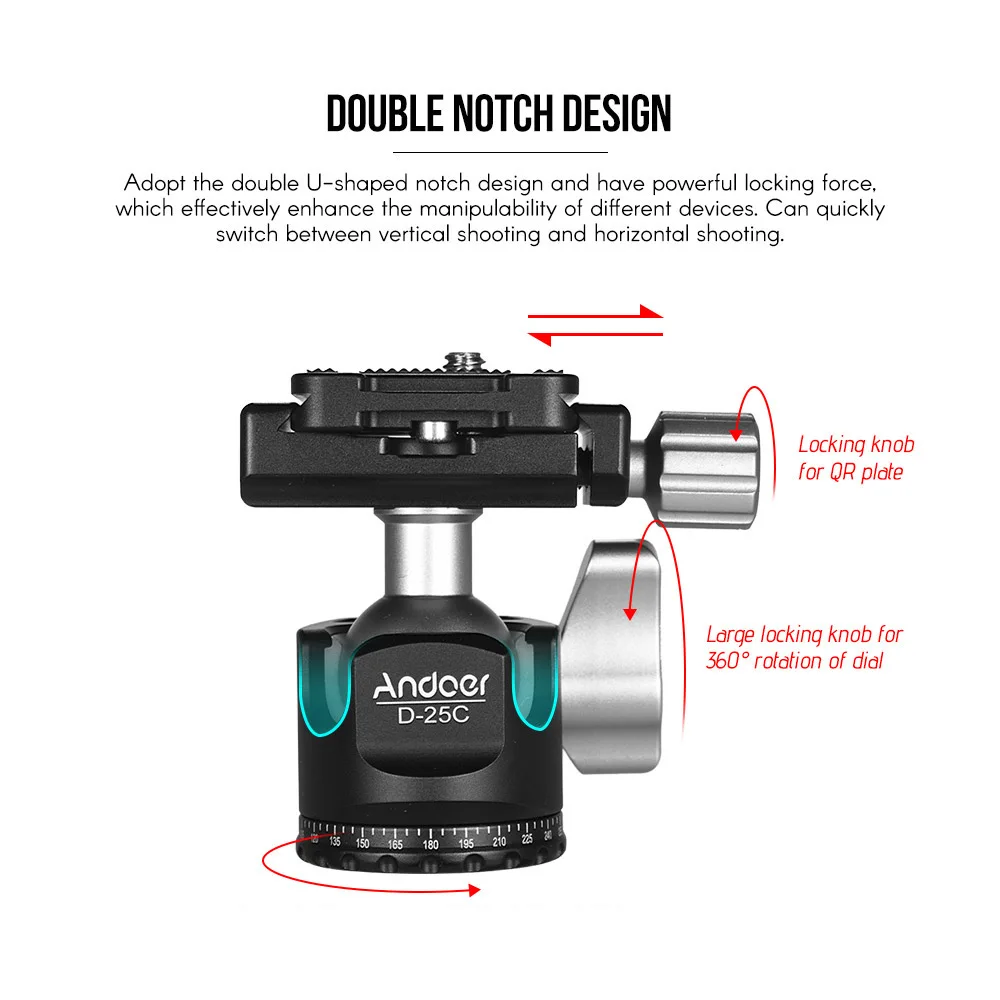 Andoer D-25C ЧПУ двойной Нотч шаровая Головка Максимальная грузоподъемность 10 кг Мини шаровая головка для Canon Nikon sony DSLR ILDC камеры