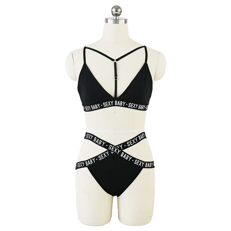 Women Letter Printed Bra Sexy Brief Women Lingerie Bra Set Bandage Cross Belt Hollow Underwear