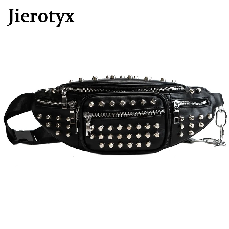 JIEROTYX الجلود الخصر حقيبة النساء الفاخرة العلامة التجارية الخصر فاني حزم حقيبة بحزام الصدر يد أسود اللون مثير المسامير الشرير القوطية