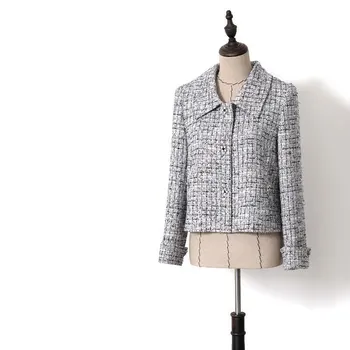 

2019 Spring Summer Female Single Breasted Elegant Knitted Tweed Coats Turn Down Collar Women Plaid Short Coat Jacket Y020