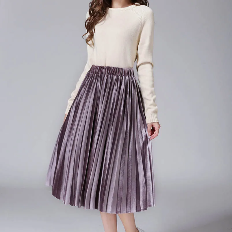 

Anasunmoon Women Pleated Skirts 2017 Bling Bling Glitter Gold Flared High Waist Tutu Party Ladies Spring Summer Midi Skirt Black