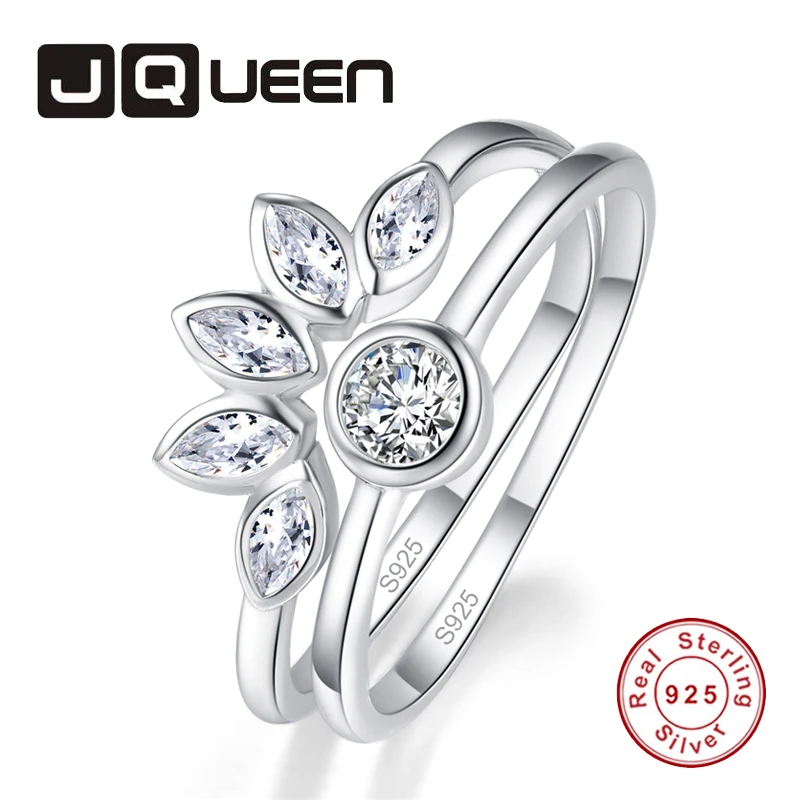 

JQUEEN 100% 925 Sterling Silver Lovely Flower Shape White CZ Finger Rings for Women 2pcs Engagement Fine Jewelry S925 Gift