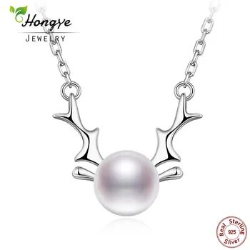 

Hongye 100% Silver 925 Jewelry Sterling Silver Necklace for Women Deer Horn and Pearl Pendant Necklace Come With Chain
