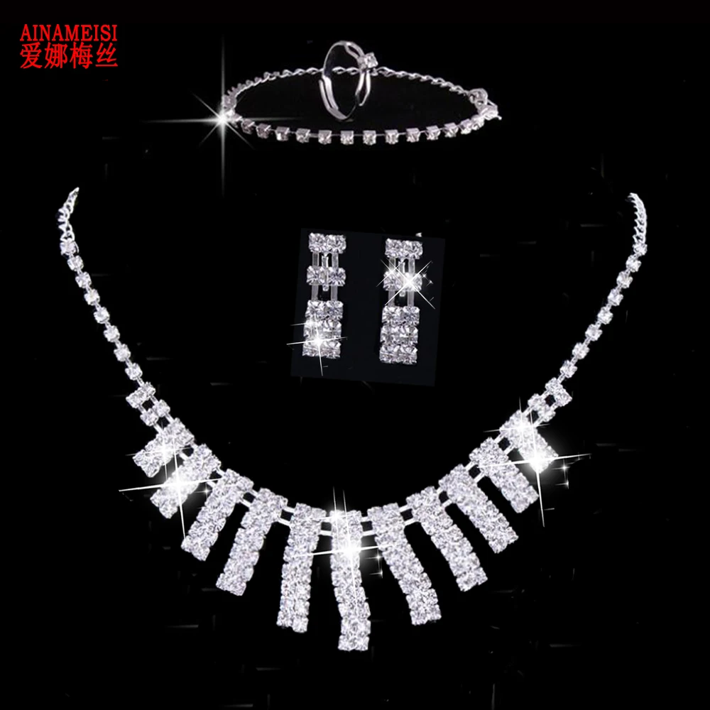 

AINAMEISI Crystal Bridal Jewelry Sets Silver Charm Fashion Wedding Necklace Earrings Rings Bracelet Set Women Bride Accessories