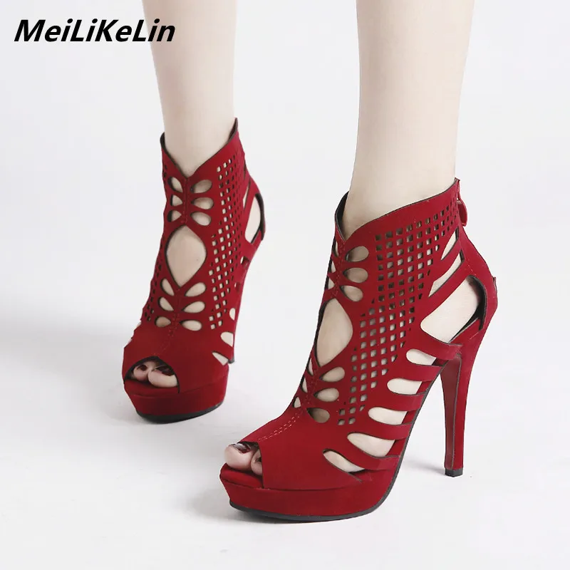 

MeiLiKeLin Fine Hollow Peep Toe Ankle Boots Summer Women Red Platform Boots Shoes Rome Style High Heels Ladies Party Shoes Pumps
