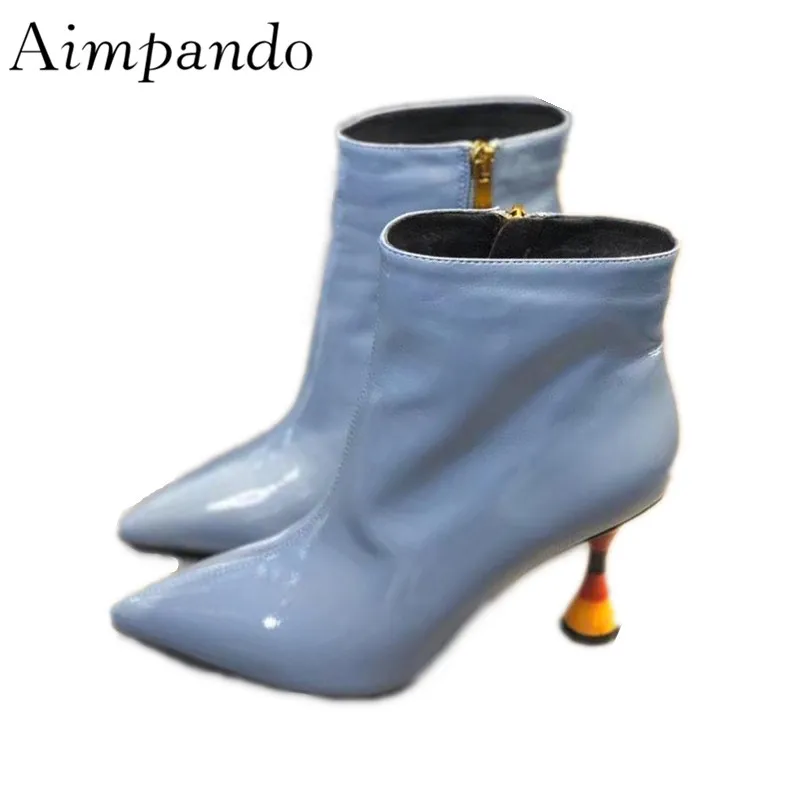 

Concise Ankle Boots Women New Autumn Winter Pointed Toe Side Zip Shiny Patent Leather Colorful Strange Heel Short Boots