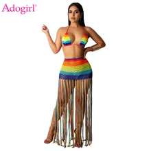 дешево! Adogirl Rainbow Hand Крючком Пляжный Комплект из двух частей Холтер Купальники Бюстгальтер Топ Кисто Лучший!