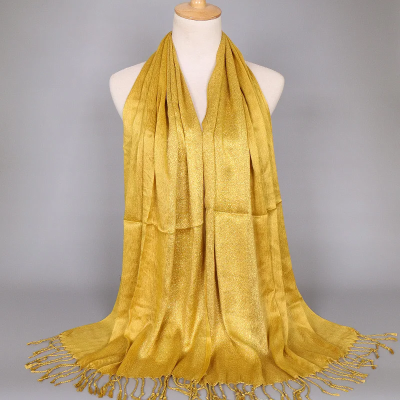 MSAISS Осенняя шелковая Дамская Бандана шаль мусульманская женская золотая линия шарф
