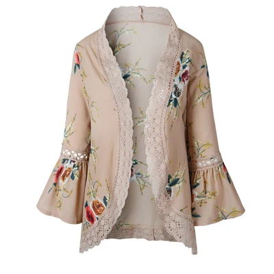 Осенняя женская рубашка, блузка с цветочным рисунком, бохо, кимоно, кардиган, кружевное повседневное пальто, свободная блузка с расклешенными рукавами, blusas mujer de moda - Цвет: Хаки