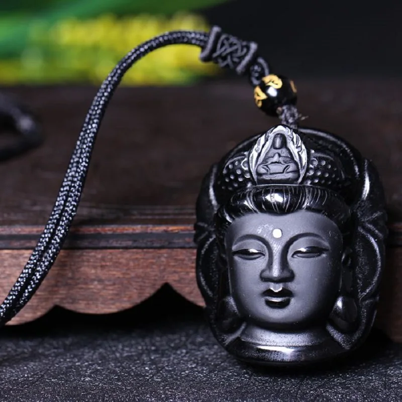 

Natural Obsidian Scrub Pendant Black Buddha Head Pendants Transfer Lucky Love Crystal Jewelry With Free Rope