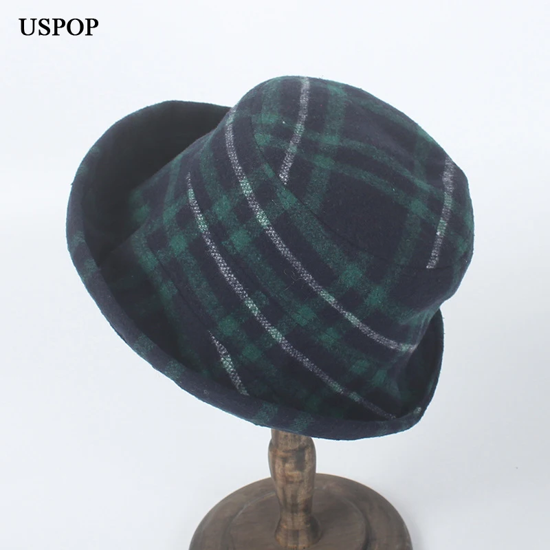 

USPOP 2019 Casual winter hats for women wool bucket Hats female fashion flat top plaid bucket hats fedoras