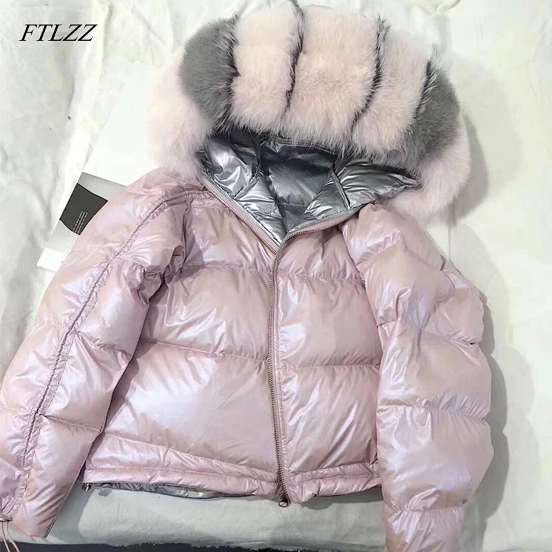 FTLZZ, большой пуховик с натуральным мехом, зимняя куртка, женская Свободная куртка с натуральным лисьим мехом, воротник из белого утиного пуха, толстая теплая короткая парка