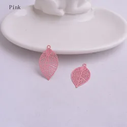Set of 50 Painted Brass Leaf Charms - Elegant Filigree Pendants (Pink)