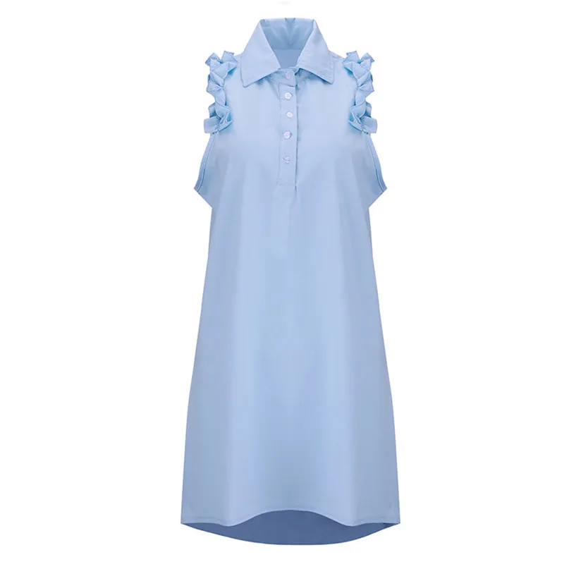 2018 Summer A-Line dress Women Beach Dress V-Neck Solid Chiffon Sleeveless Button Short Mini Dress Casual Ruffles #3j03#F (19)
