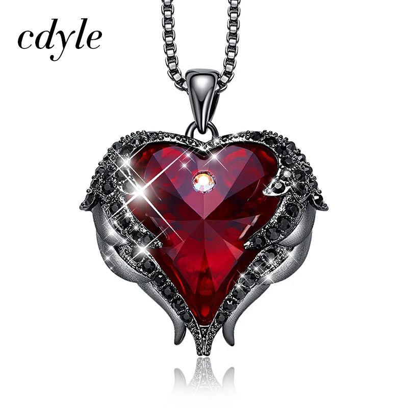 Najtaniej Cdyle Gothic czarny anioł skrzydło musujące czerwony kryształ w kształcie serca z Swarovski spadek naszyjnik na prezent biżuteria halloweenowa