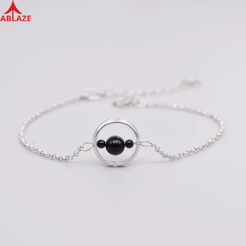 Aquarius Stone Natural Onyx Charm Bracelets 925 Sterling Silver Chain Black Beads Friendship Gift Fine Jewelry Women #c045b | Украшения и
