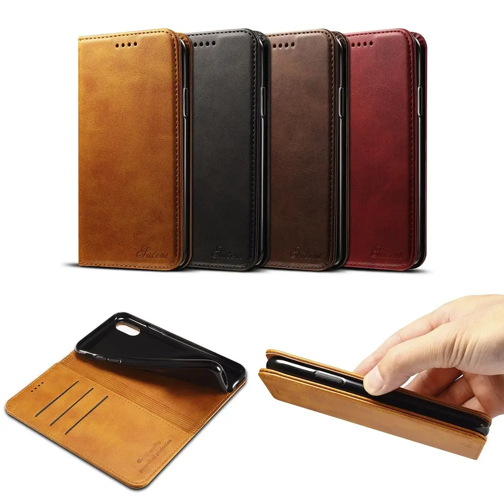

Bronw Simple Style Phone Cover PU Leather Protective Case With Stand and Card Organizer Drop Resistant Phone Cover For iPhone X