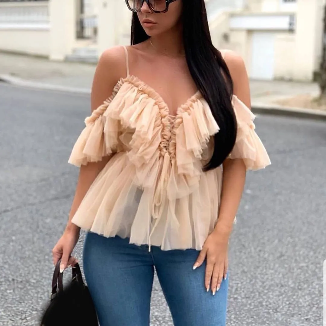Fashion Women Off Shoulder Layer Mesh Blouses Sexy Summer Spaghetti Strap Backless Top Female Vintage Lace Up Ruffle Shirt