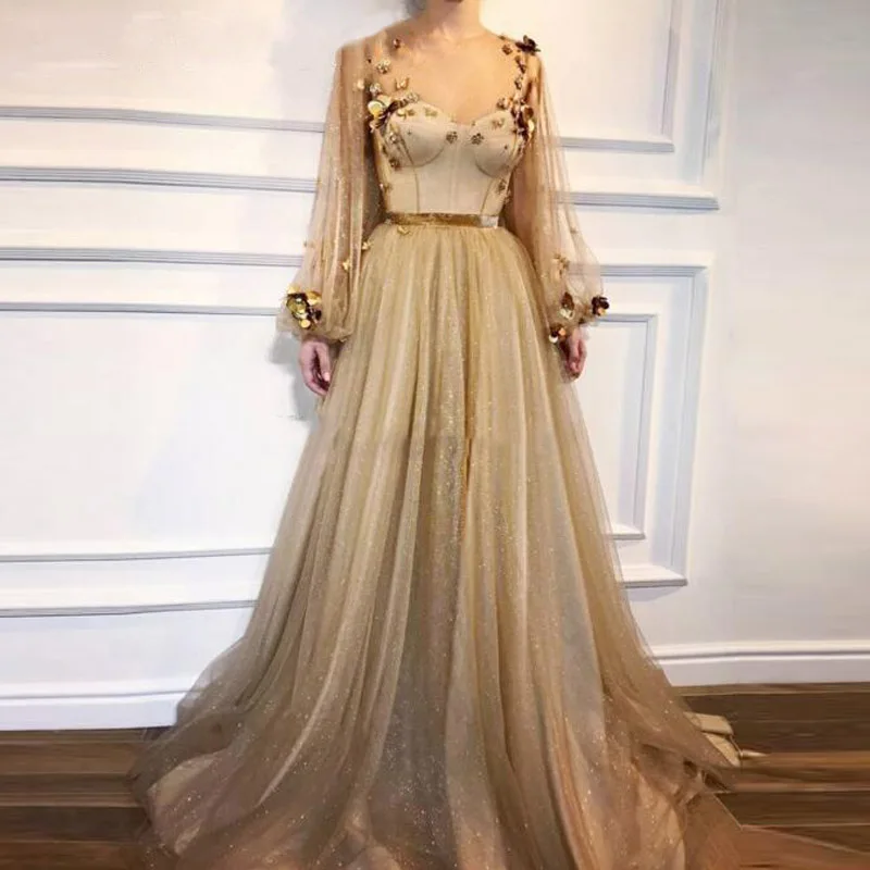 Glitter Tulle Gold Long Prom Dresses 