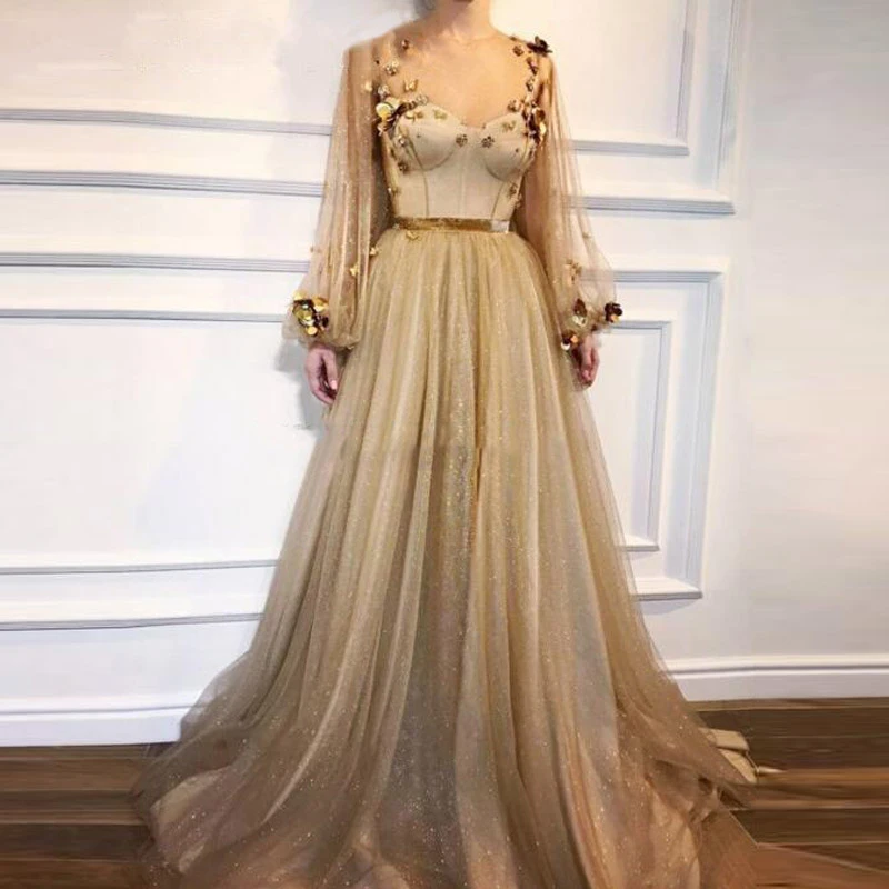 Glitter Tulle Gold Long Prom Dresses ...