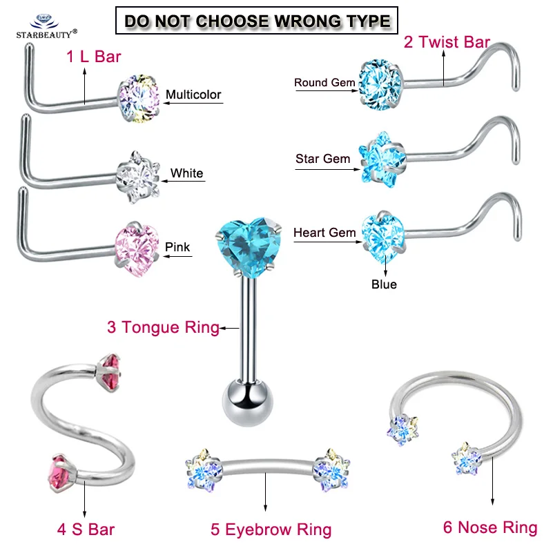 1 шт Звезда Сердце Круглый драгоценный камень пирсинга хрящей носа Поддельные Нос кольцо для козелка пирсинг Спираль пирсинг язык поддельные пирсинг уха ювелирные изделия