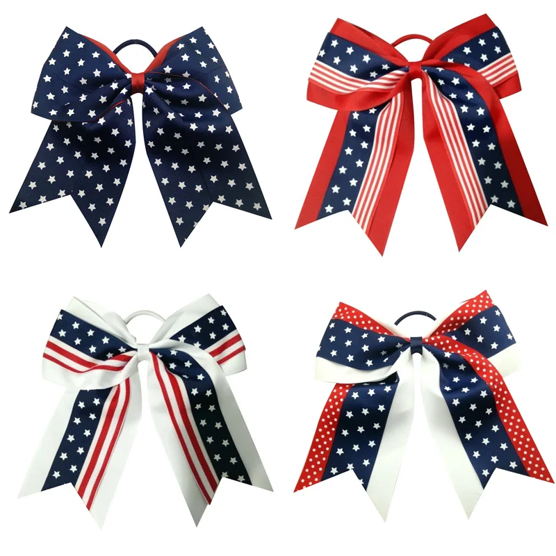 

7 Inch new hair bows fashion print Children's hair accessory hair clip Elastic hair bands Cheerleader hair accessories Headwear