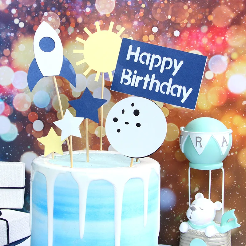 

7pcs Rocket Planet Cupcake Topper Sun Stars Happy Birthday Cake Topper For Baby Shower Kids Birthday Party Cake Decorations