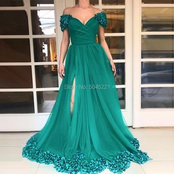 

New Arrival Green Long Tulle Evening Dress Off the Shoulder Flowers Dubai Prom Dresses Beach Party Gowns Vestido De Festa Longo