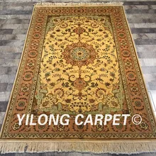 Yilong 4'x6' ручной работы античный персидский шерстяной шелковый ковер Восточный декор для гостиной Желтый шерстяной ковер ручной работы(WY2094S4x6
