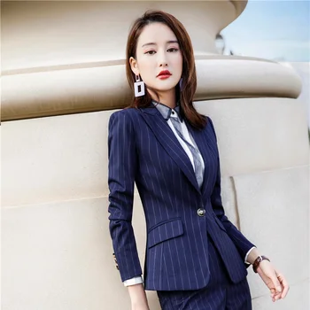

Fashion Striped Long Sleeve Blazers and Jackets Coat Uniform Styles Women Business Work Wear Tops Outwear Clothes