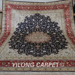 Yilong 9,6 'x12' Vantage персидский шелковый ковер Большой Антикварный темно-синие ручной ковер из шелка (0925)