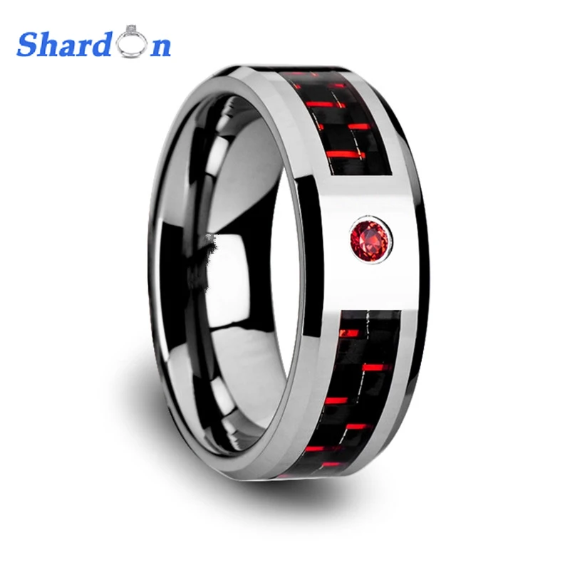 

SHARDON 8mm Men's Bevels Tungsten Carbide Ring with Black and Red Carbon Fiber and Red Cubic Zirconia Setting Wedding Band