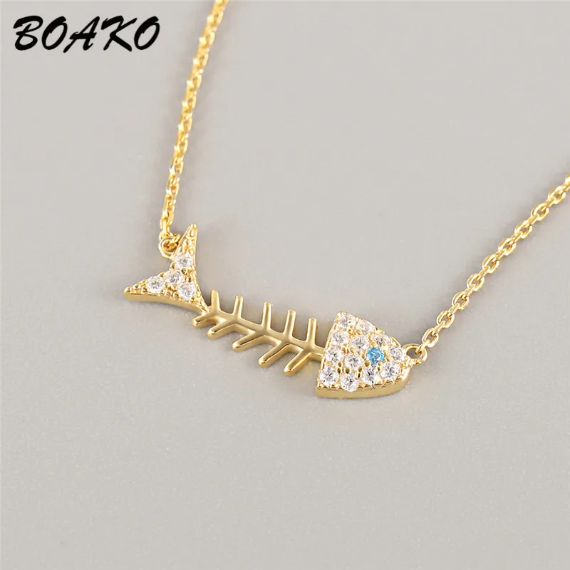 

BOAKO Fashion Fish Bone Pendant Necklace Personality Full Rhinestone Crystal Necklace for Women 925 Sterling Silver Jewelry Gift