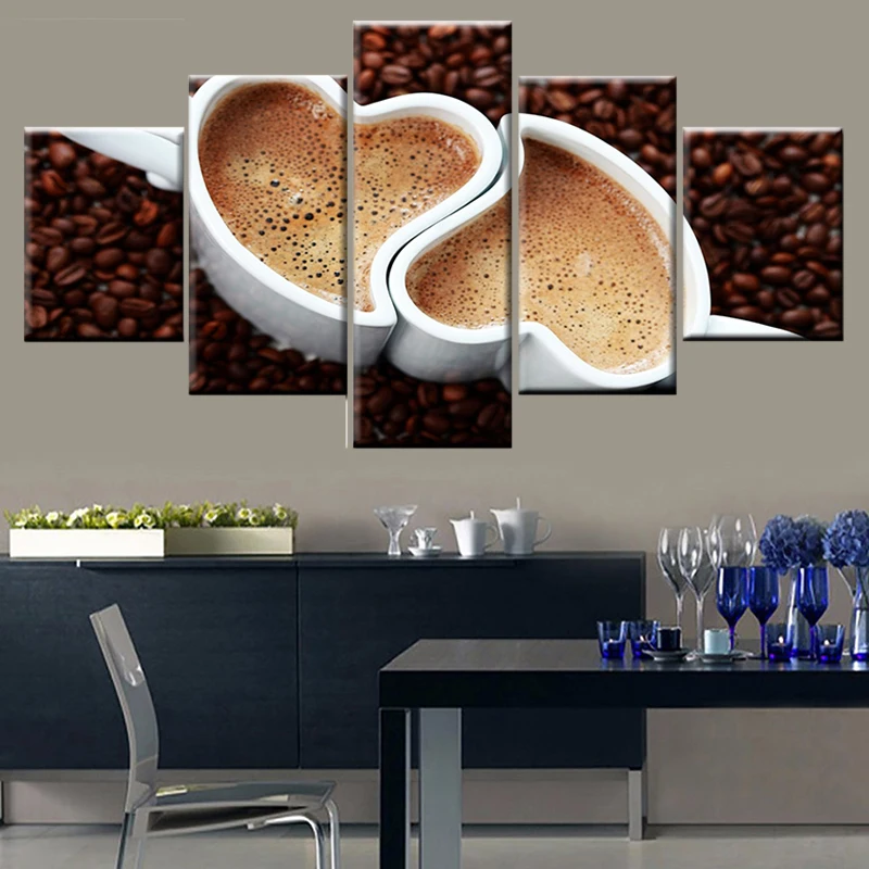 

Print 5 panel painting coffee bean picture heart shaped cup poster canvas kitchen restaurant home decor modular wall art frame