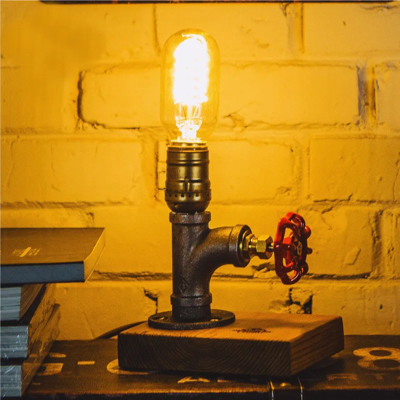 

DIY Vintage Iron Light Desk Lamp Beside Water Pipes Table Lamps Office Night Lighting Can Carve Words for Marry