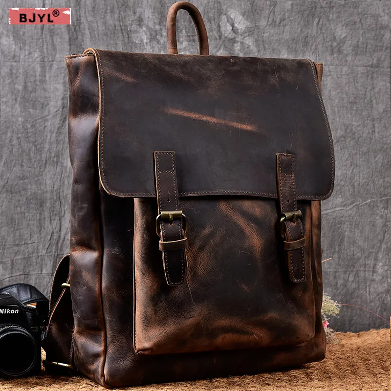 

BJYL Retro British wind Men Backpacks crazy horse leather men shoulder bags 14 inch Laptop bag genuine leather travel backpack